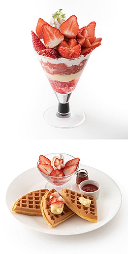 上:国産苺のパフェ、下:国産苺のワッフル